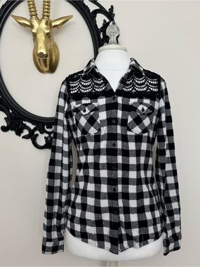 White Crow Black & White Plaid Button-Up Shirt with Crochet Yoke